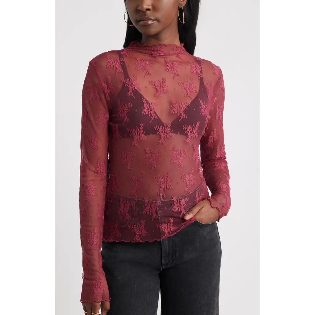 Treasure & Bond Sheer Lace Top in Burgundy Rhode at Nordstrom Rack, Size Small | Nordstrom Rack