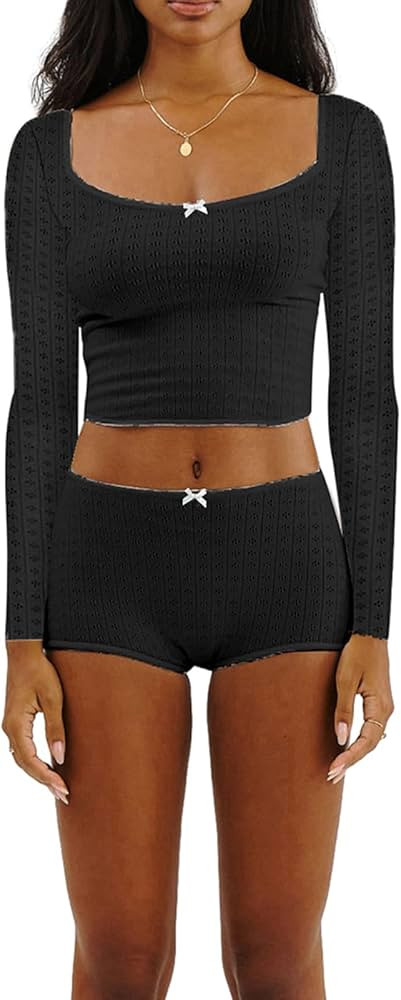 FULA-bao Cute Pajama Sets for Women 2 Piece Outfit Ribbed Knit Long Sleeve Top and Shorts Lounge ... | Amazon (US)
