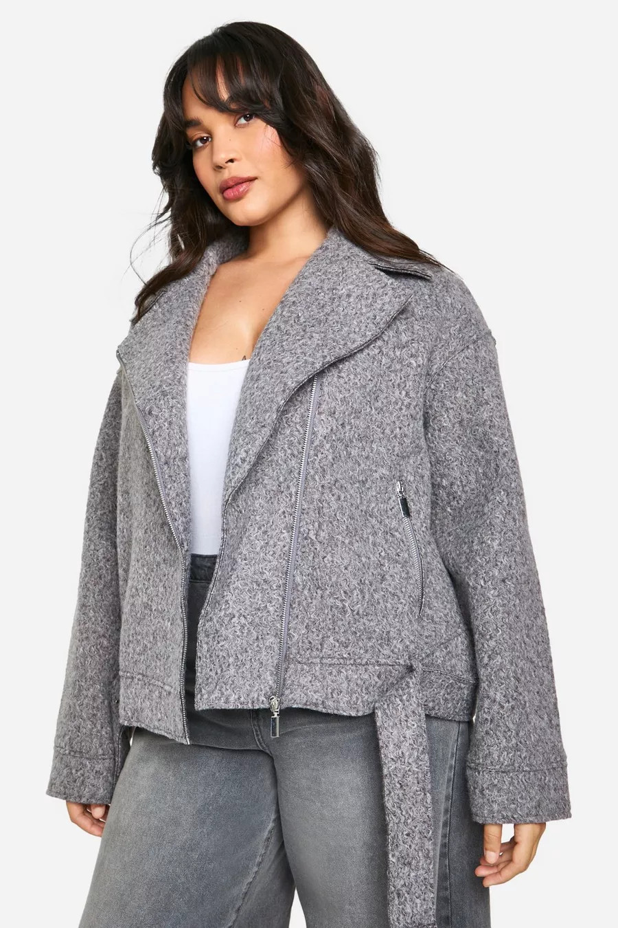 Plus Boucle Belted Moto Jacket | boohoo (US & Canada)