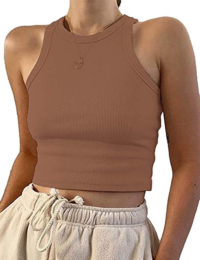 Meladyan Women's Basic Solid O Neck Rib-Knit Crop Vest Sleeveless Racerback Cropped Sports Tank Tops | Amazon (US)