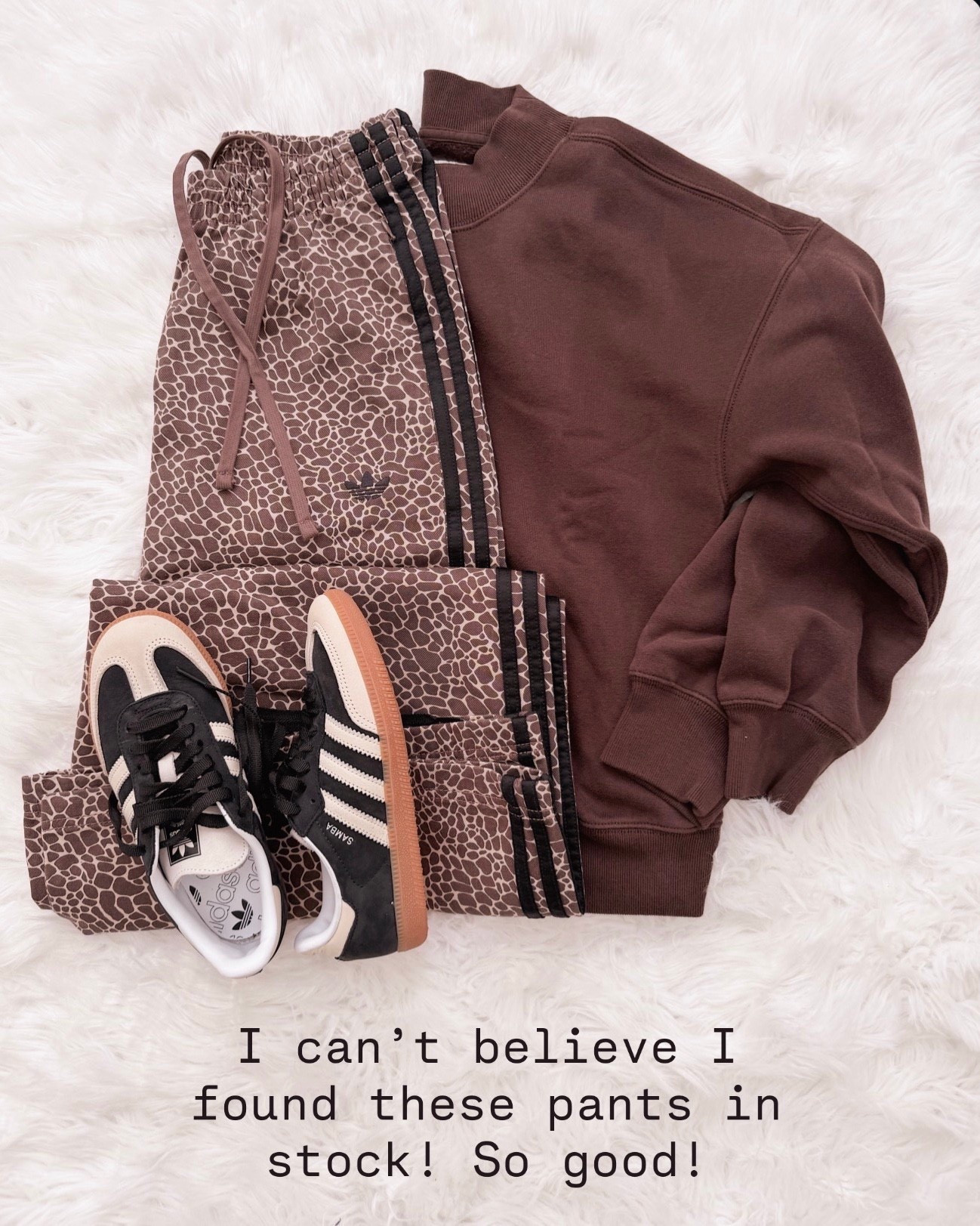 These sold out so fast the first time and I genuinely did not think I’d see them back. The fit is relaxed but still flattering and the print makes a basic sweatshirt feel way more intentional.

giraffe print joggers, brown athleisure set, adidas samba outfit, neutral sneakers, comfy travel outfit, casual weekend look, sporty chic style, spring athleisure outfit

#LTKWorkwear #LTKOver40 #LTKSeasonal