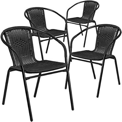 Flash Furniture 4 Pk. Black Rattan Indoor-Outdoor Restaurant Stack Chair | Amazon (US)