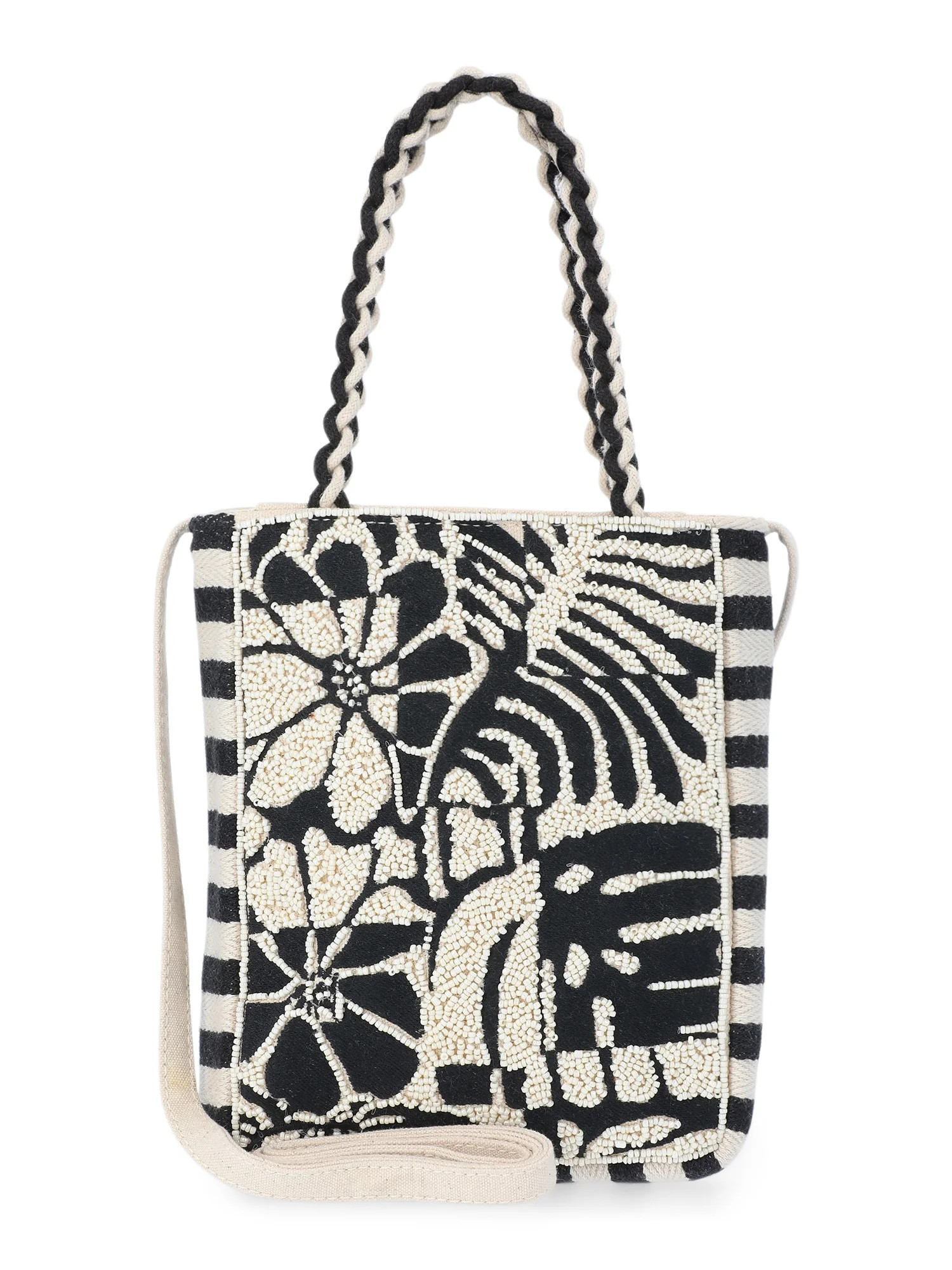 No Boundaries Women's Beaded Crossbody Tote Bag, Black/White | Walmart (US)