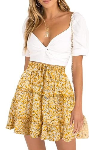 DooMoni Women's High Waisted Floral Mini Skirt Drawstring Boho Print Ruffle Summer Short Skirts Daisy Yellow | Amazon (US)