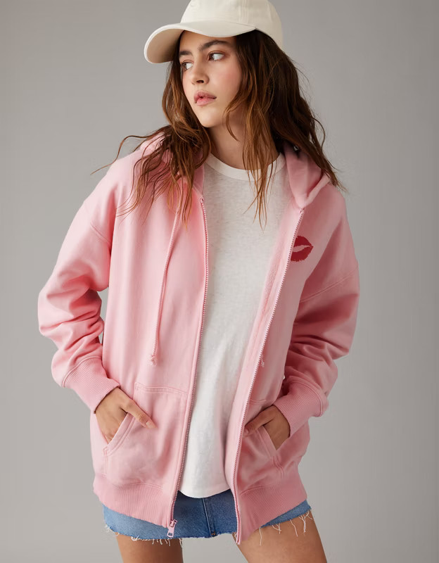 AE x Mean Girls Oversized Zip-Up Pink Hoodie | American Eagle Outfitters (US & CA)