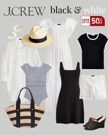 Jcrew sale up to 50% off.  Black and white edit, dresses, knit top, swimsuit, straw bag, straw hat 

#LTKSeasonal #LTKstyletip #LTKsalealert