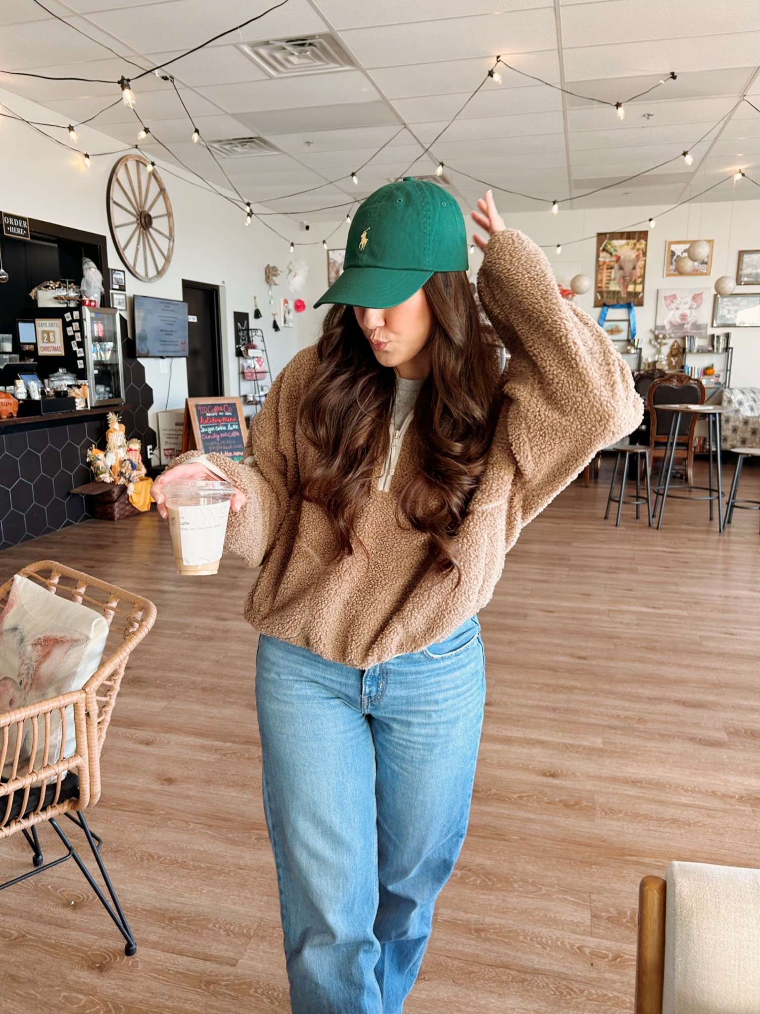Ralph Lauren baseball cap 
Cropped cozy sherpa sweater
Free people dupe


#LTKFindsUnder100 #LTKSeasonal