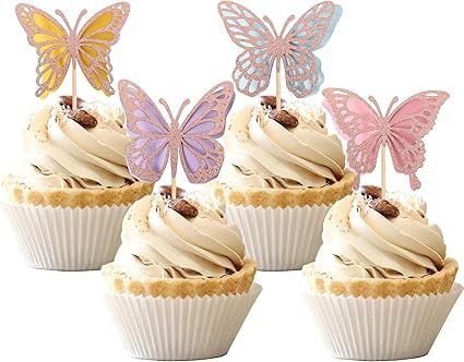24 PCS Butterfly Cupcake Toppers Assembled Rose Gold Glitter Double Layers 3D Butterfly Baby Show... | Amazon (US)