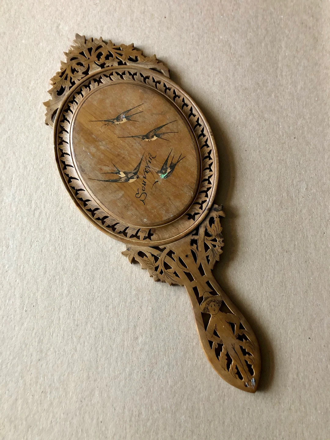 Large Antique Italian Grand Tour Souvenir Pierced Olivewood Hand Mirror - Etsy | Etsy (US)