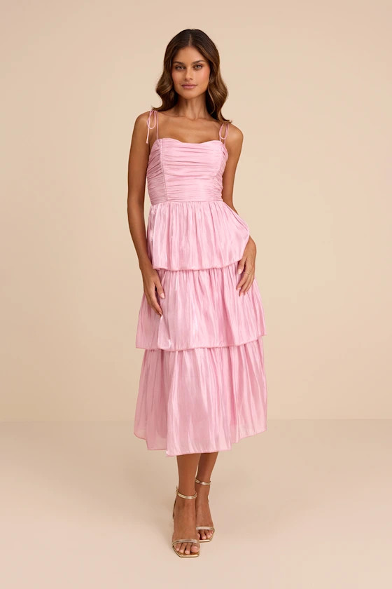 Tennon Light Pink Plisse Tiered Midi Dress | Lulus