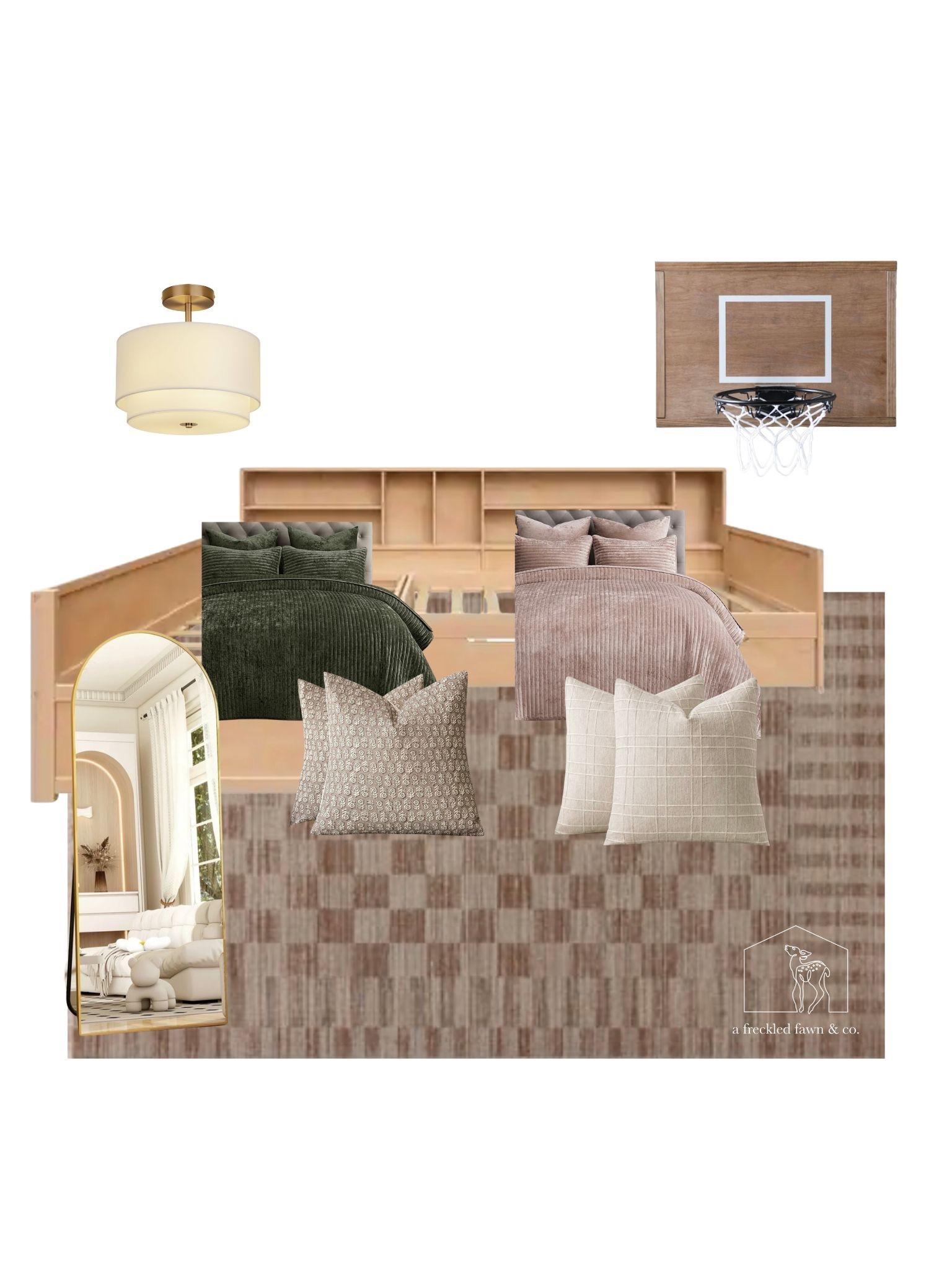 Girls bedroom decor, l shaped bed, checkered rug, neutral basketball hoop, gold arched floor mirror, velvet bedding, accent pillows, throw pillows, gold ceiling light 

#LTKHome #LTKKids