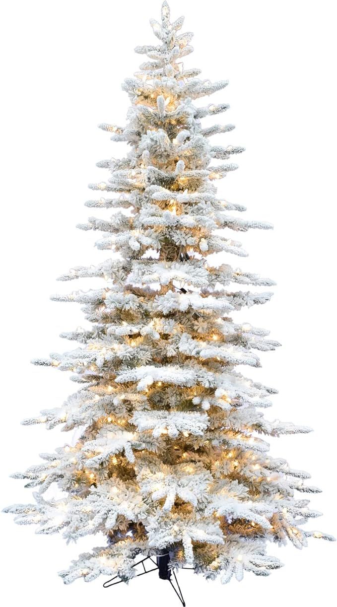 Fraser Hill Farm 7.5-Ft. Flocked Mountain Pine Christmas Tree with Smart String Lighting, White | Amazon (US)