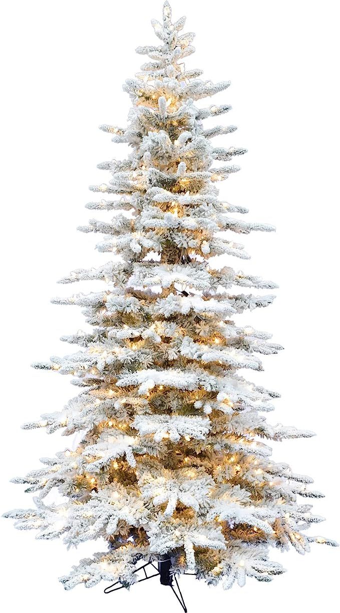 Fraser Hill Farm 7.5-Ft. Flocked Mountain Pine Christmas Tree with Smart String Lighting, White | Amazon (US)