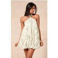 Green Printed Halterneck Puffball Mini Dress | PrettyLittleThing US