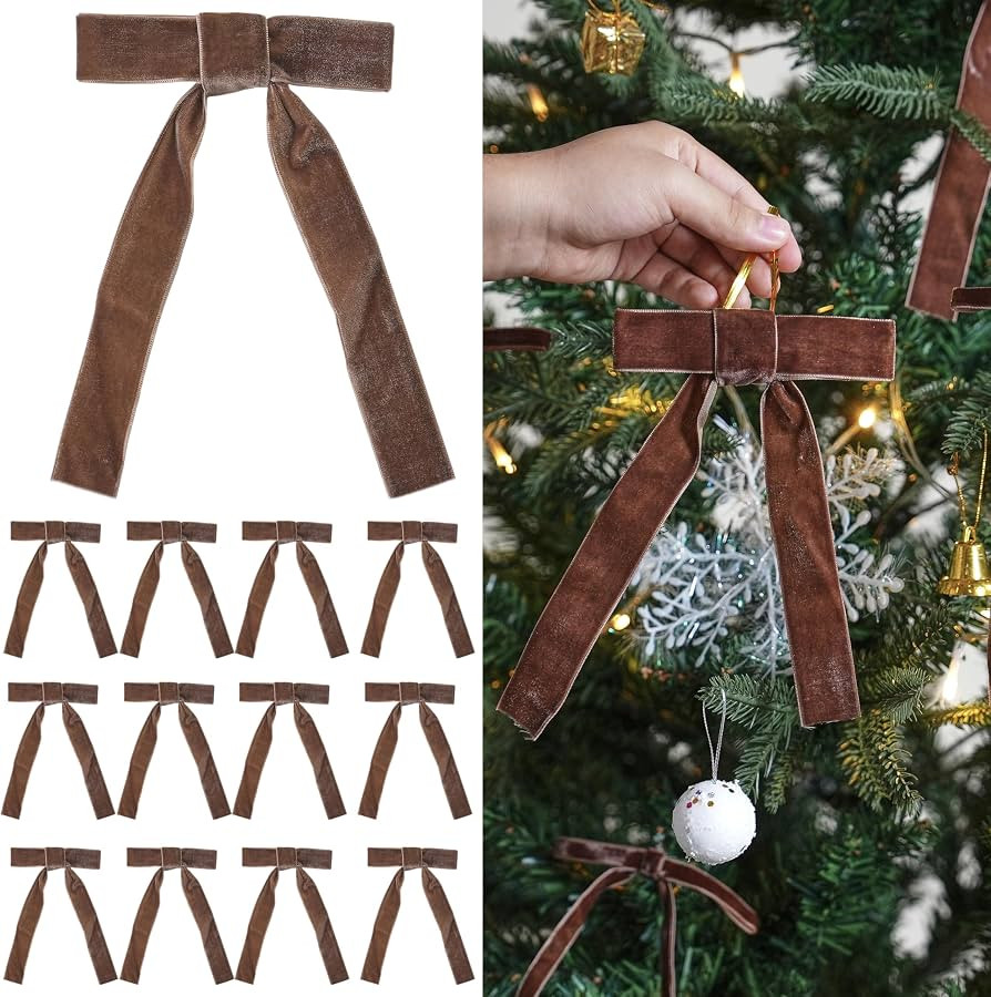 12 Pcs Brown Velvet Ribbon Bows Christmas Tree Ornaments Vintage Wine Red Velvet Bows for Tree Ga... | Amazon (US)