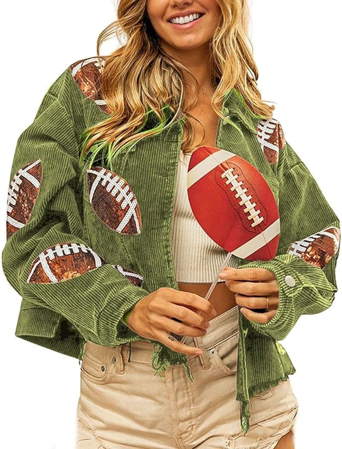 happlan Football Sequin Embroidery Rugby Cropped Frayed Hem Vintage Washed Corduroy Jacket Coat S... | Amazon (US)