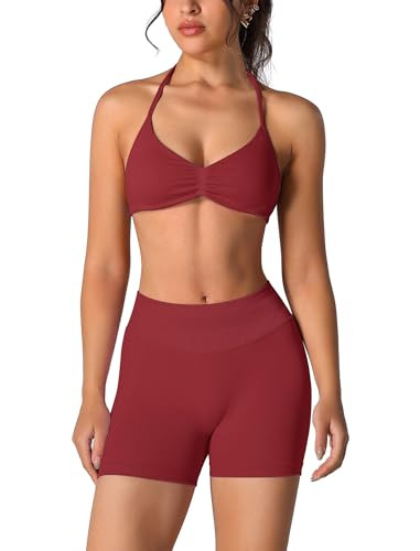 ABOCIW Workout Sets for Women 2 Piece Seamless Scrunch Butt Lifting High Waist Impact Gym Shorts Matching Halter Sports Bra Active Wear Yoga Outfits #1 Wide Red Medium | Amazon (US)