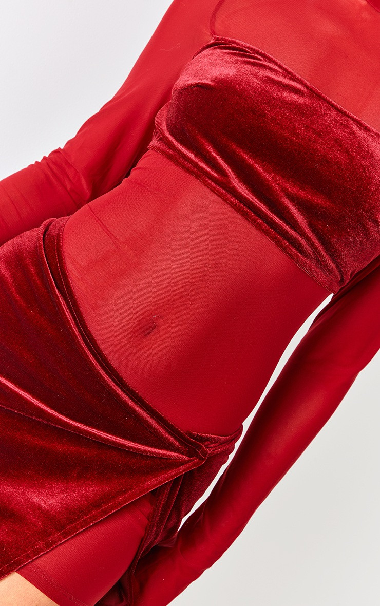 Cherry Red Mesh Velvet Panel Detail Long Sleeve Bodycon Dress | PrettyLittleThing US
