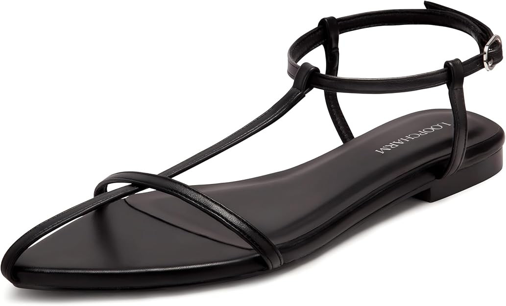 Women's Flat Sandals Pointed Open Toe T-Strap Comfortable Gladiator Summer Slide Strappy Sandals | Amazon (US)