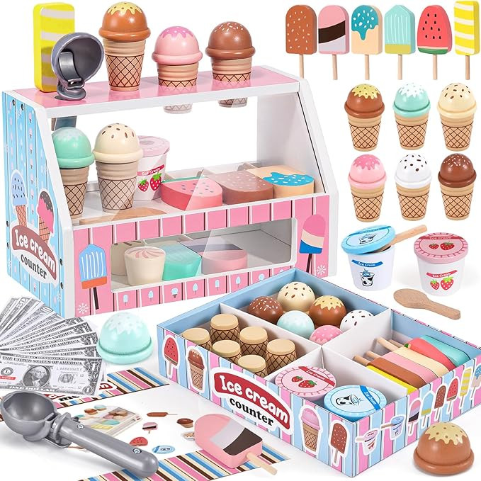 Wooden Ice Cream Toys Kids Kitchen Play Store for Toddlers Girls, Play Kitchen Accessories with S... | Amazon (US)