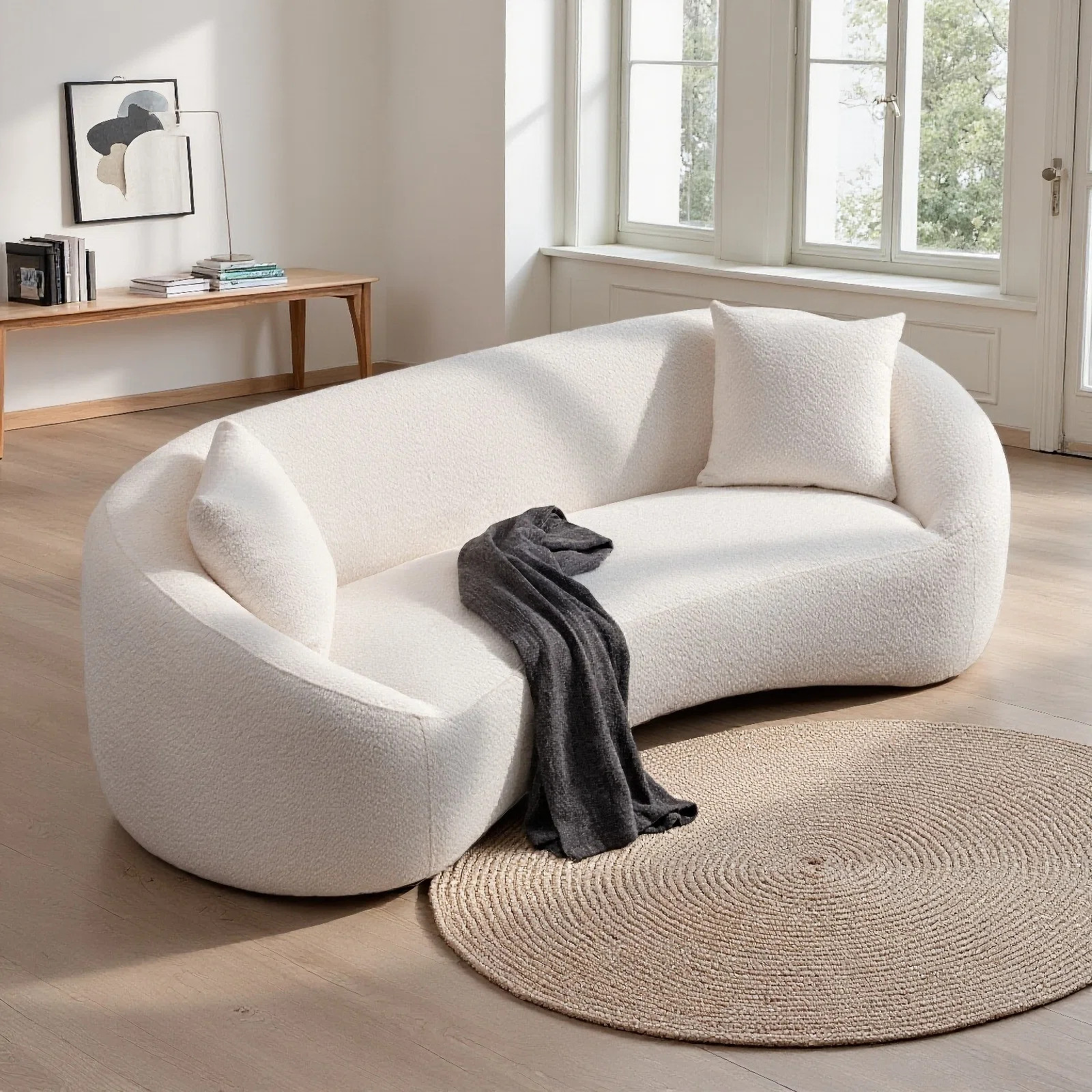 93" Modern Curved Boucle Sofa, 3 Seater, Solid Wood Frame, With 2 Pillows | Wayfair North America