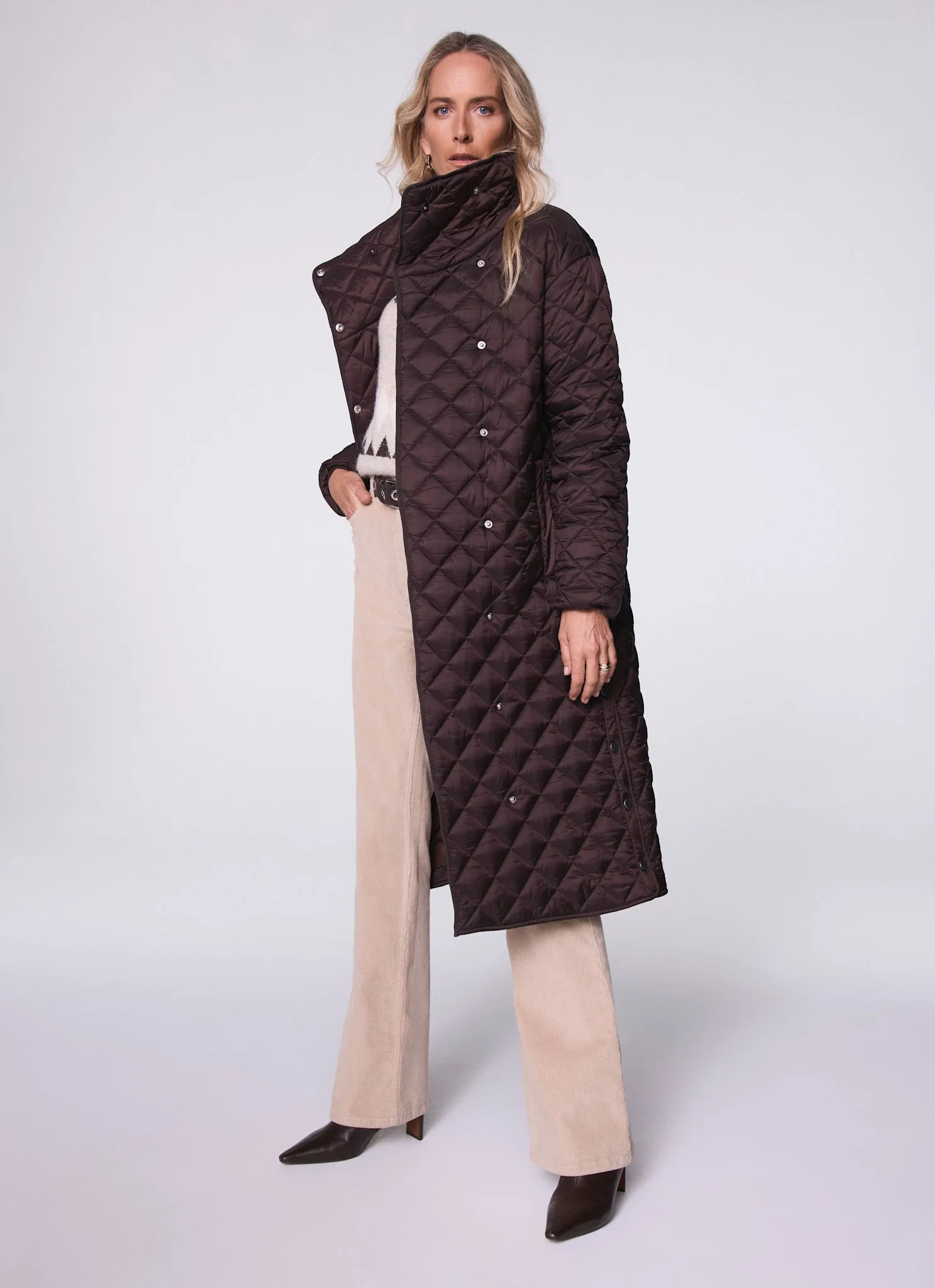 Brown Quilted Funnel Neck Coat | Mint Velvet