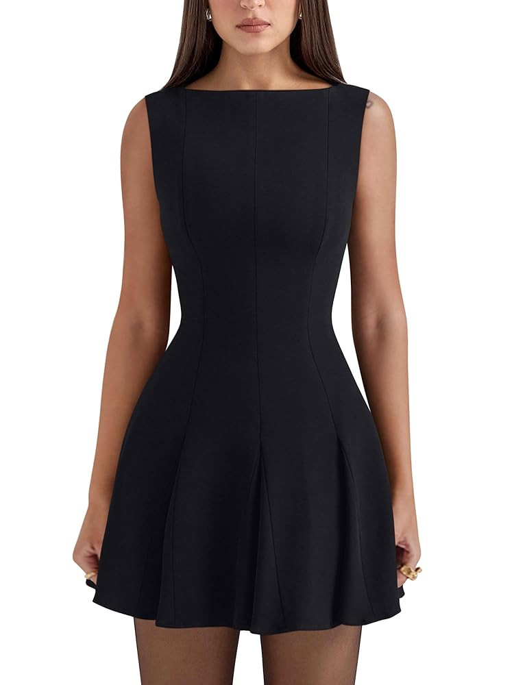 YMDUCH Women's Summer Sleeveless Boat Neck A-line Flared Hem Club Party Mini Dress | Amazon (US)