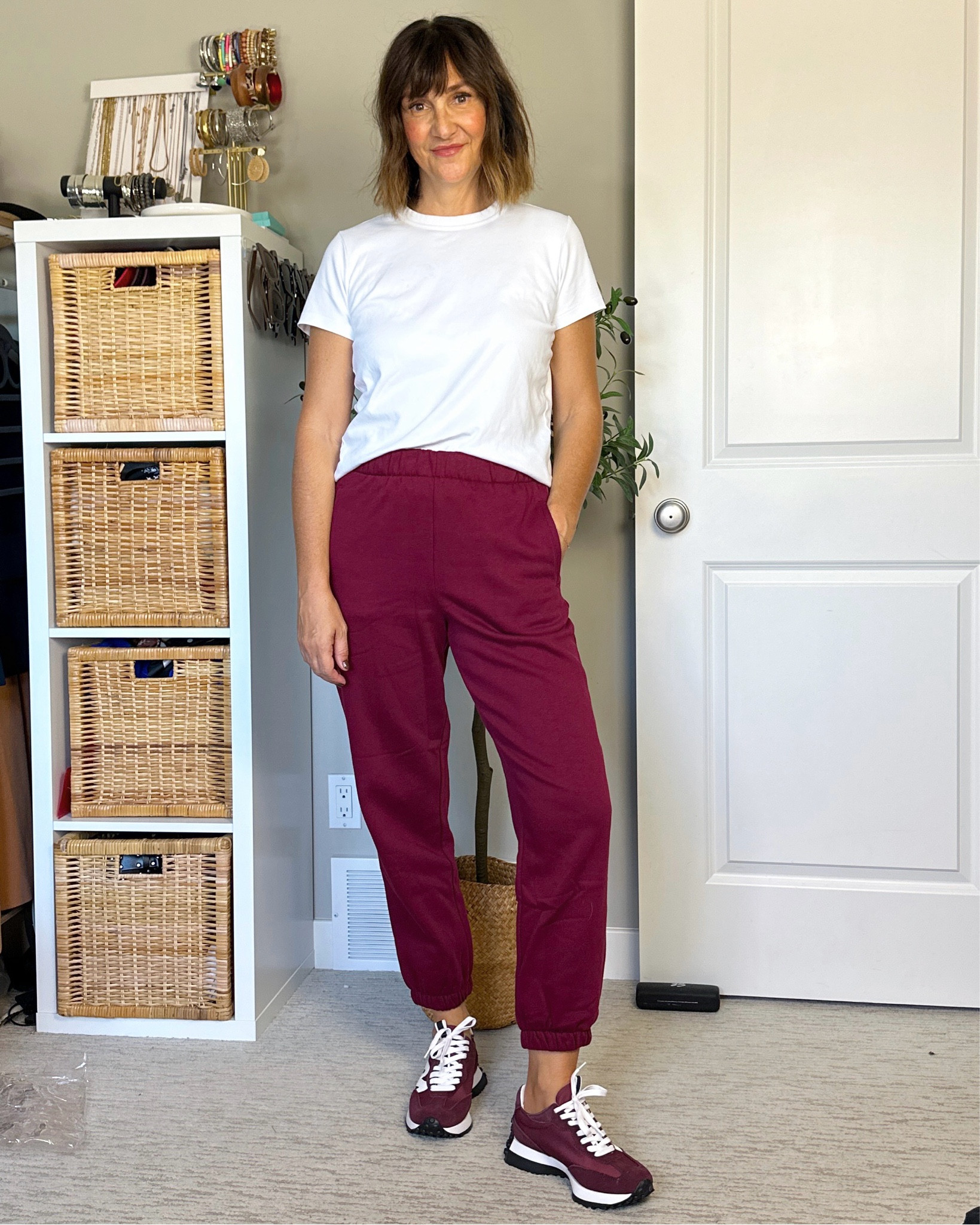 Loving these classic sweatpants from Gap! Great fit, fleece lined and so many colors! I’m 5’ 7” wearing my usual size S.
So cute with the burgundy sneakers (tts, go up if between)
My tee is my fave basic white tee, it’s not sheer and doesnt weinkle as early as my other ones. 100% cotton, I sized up to M cause it’s a more fitted style


#LTKFitness #LTKFindsUnder100 #LTKFindsUnder50