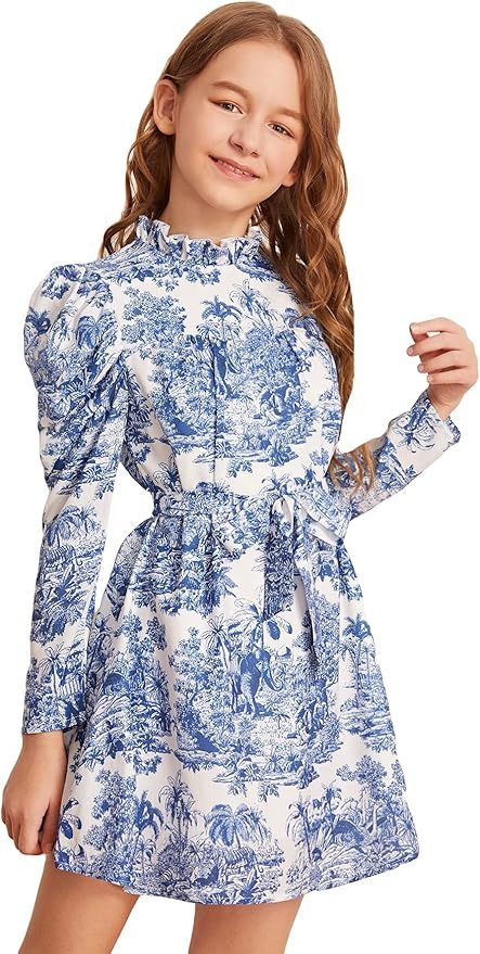 WDIRARA Girl's Floral Print Puff Long Sleeve Frill Trim Mock Neck Belted Ruffle Hem Aline Dress | Amazon (US)