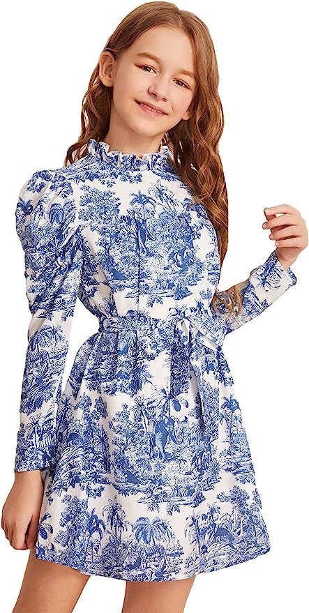 WDIRARA Girl's Floral Print Puff Long Sleeve Frill Trim Mock Neck Belted Ruffle Hem Aline Dress | Amazon (US)