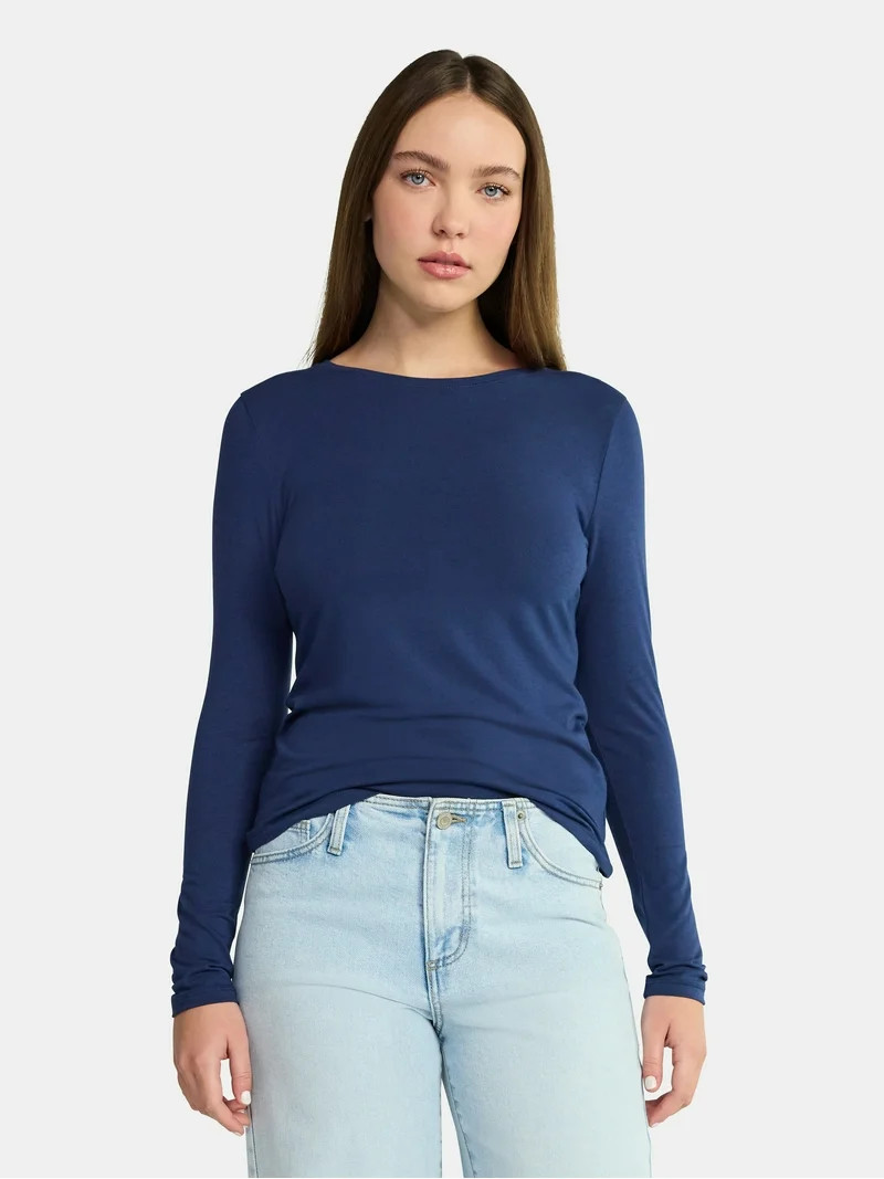 No Boundaries Crewneck Tee with Long Sleeves, Women's & Women's Plus XXS-4X | Walmart (US)