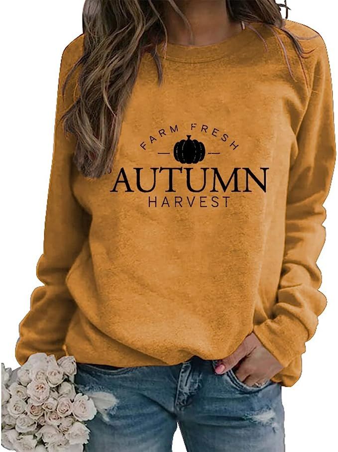 Fall Sweatshirt for Women Fresh Pumpkin Autumn Pullover Tops Cute Crew Neck Long Sleeve Graphic S... | Amazon (US)
