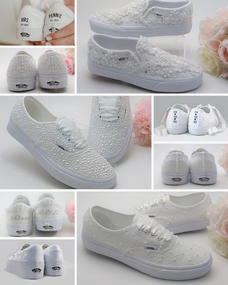 White wedding sneakers embellished with pearls and lace and personalizable. Unisex sized Vans + Converse for a bride or groom.

#LTKwedding #LTKparties #LTKshoecrush