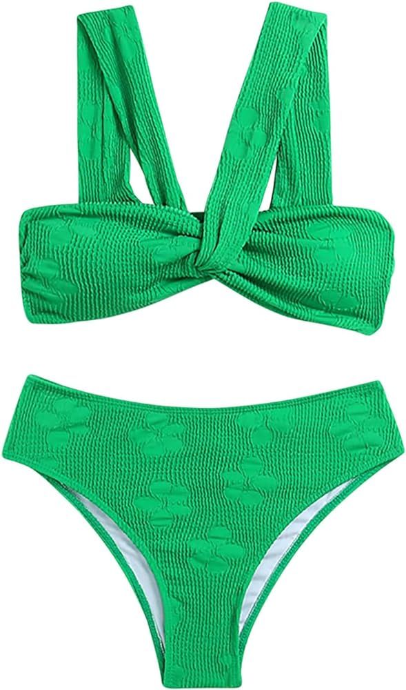 Women's High Waisted Bathing Suit Floral Jacquard Twist Criss Cross Swimsuit Bikini Set 2 Piece B... | Amazon (US)