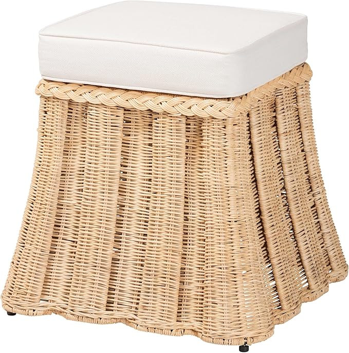 Bali & pari Rotem Natural Rattan Ottoman with Cushion - Handwoven Wicker Pleated Skirt Accent Cof... | Amazon (US)