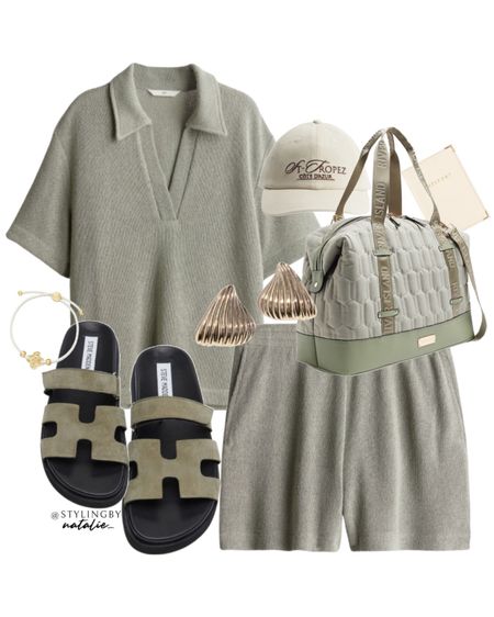 2 piece co ord, collar top and matching shorts in sage green, Steve Madden sandals, gold earrings, travel bag, baseball cap & bracelet.
Airport outfit, travel outfit, comfy casual summer outfit.

#LTKstyletip #LTKtravel #LTKsummer