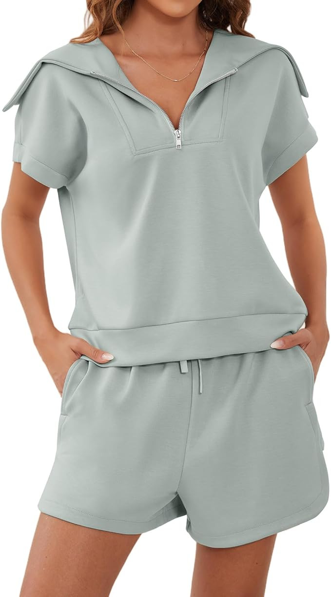 Meladyan Women Two Piece Outfits Tracksuit Half Zip Lapel Cap Sleeve Sweatshirt High Waist Drawst... | Amazon (US)