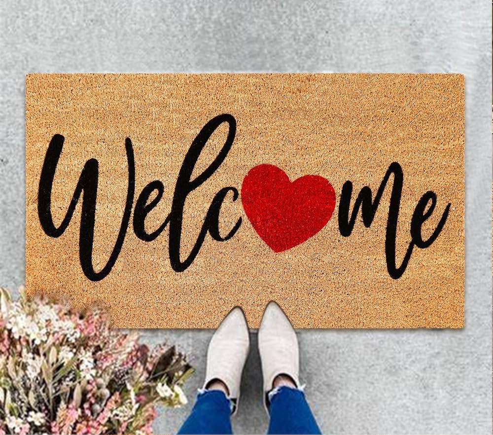 Valentine's Day Natural Coir Doormat Red Heart Welcome Floor Mat Non-Slip Entrance Door Rugs for ... | Amazon (US)