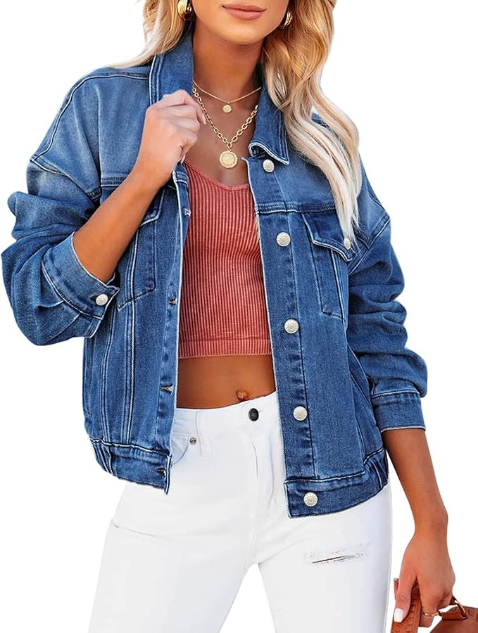 Utyful Oversized Jean Jacket for Women Distressed Stretch Denim Trucker Jackets Drop Shoulder Bac... | Amazon (US)