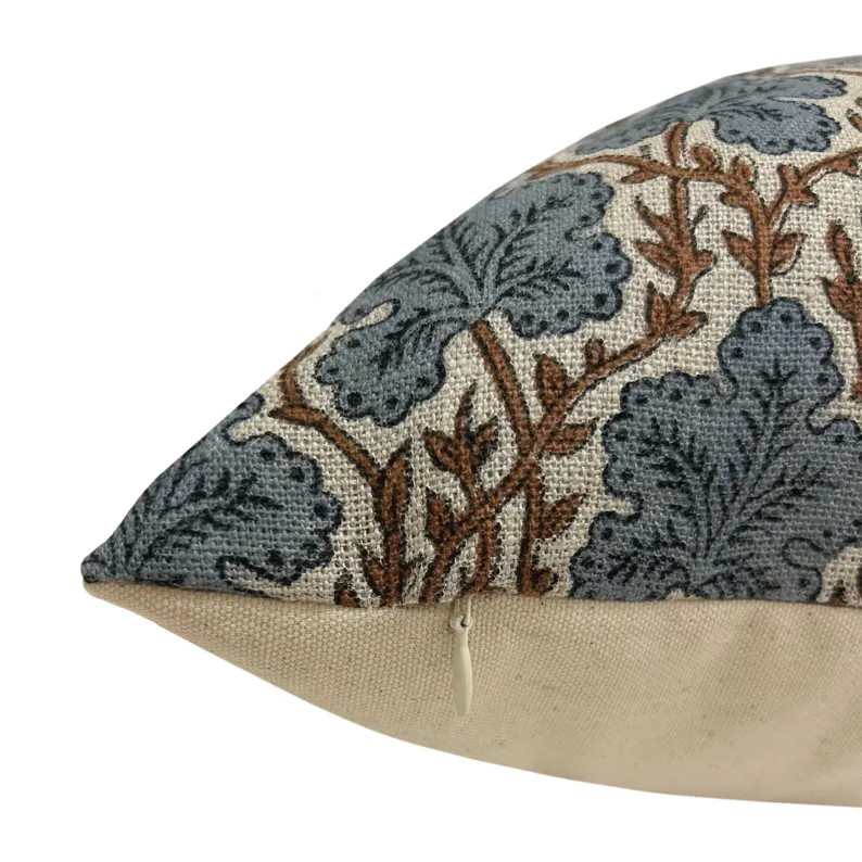 ELM || Designer Floral Linen Pillow Cover, Blue Floral Pillow Cover, Block Print Linen Pillow, La... | Etsy (Global)