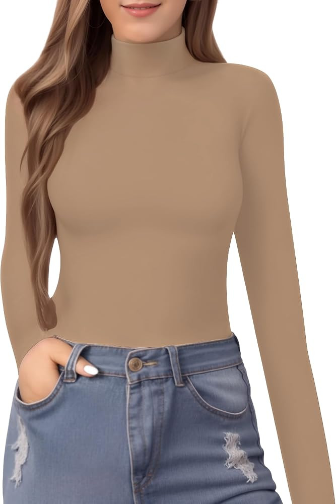 MANGOPOP Women's Mock Turtle Neck Slim Fit Long Sleeve T Shirt Tight Tops Tee | Amazon (US)