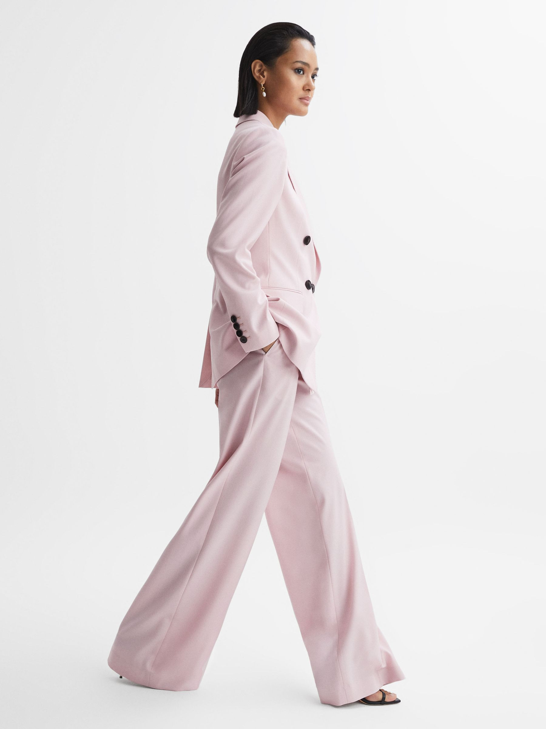 Reiss Wool Blend Mid Rise Wide Leg Trousers in Pink - REISS | Reiss UK