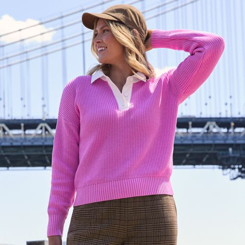 Women's Petite Drifter Rugby with Woven Collar Sweater - Lands' End - Yellow - M | Lands' End (US)
