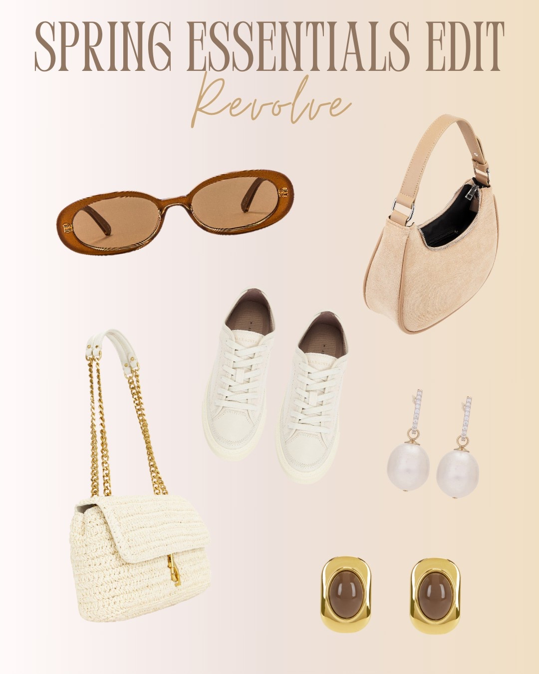 This Spring Essentials Edit from Revolve features must-have neutral accessories that elevate any capsule wardrobe. The collection includes woven and suede handbags, classic cream sneakers, pearl drop earrings, retro-inspired brown sunglasses, and chunky gold statement studs—perfect for everyday spring styling. Shop these timeless, versatile pieces on LTK to refresh your accessory game with effortless chic vibes.

#LTKStyleTip #LTKFindsUnder50 #LTKFindsUnder100