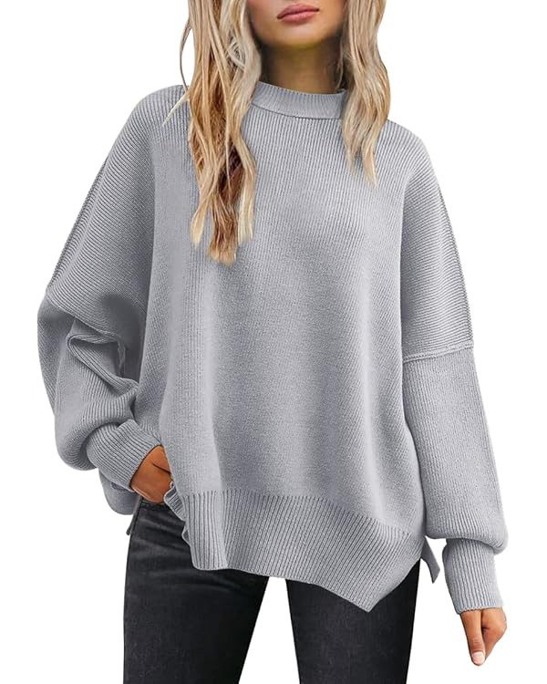 LILLUSORY Women's Oversized Batwing Sweaters 2024 Fall Outfits Crewneck Ribbed Knit Side Slit Tre... | Amazon (US)