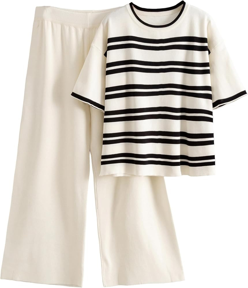 Tanming Womens 2 Piece Knit Sets Travel Outfits Striped Short Sleeve Top Wide Leg Pants Lounge Tr... | Amazon (US)