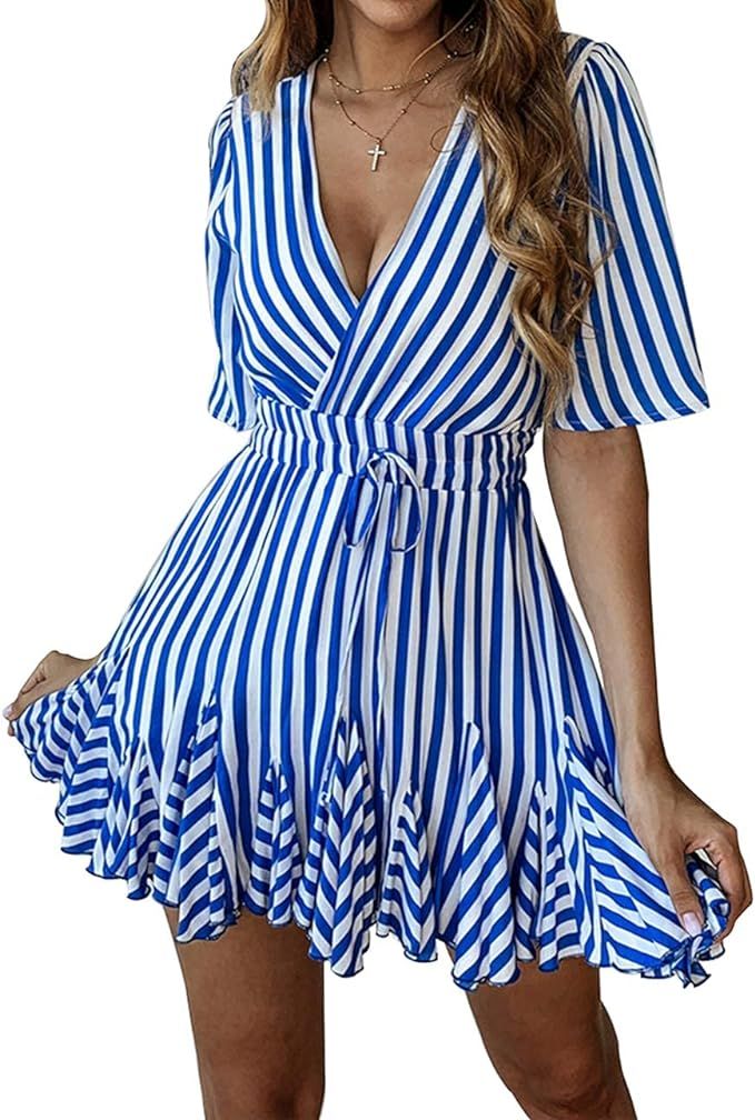 PRETTYGARDEN Women's Summer Deep V Neck Short Sleeve Striped Wrap Ruffle Hem Pleated Mini Dress | Amazon (US)