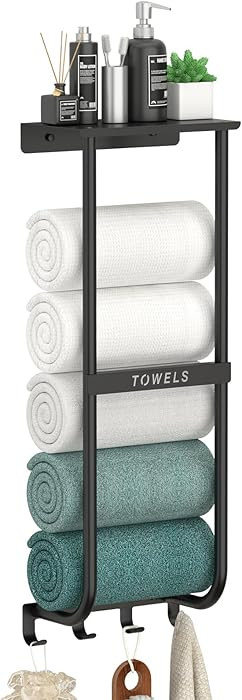 Rxvotoocr Wall Mounted Towel Rack for Bathroom Black Metal Towel Holder with Top Shelf & 4 Hooks,... | Amazon (US)