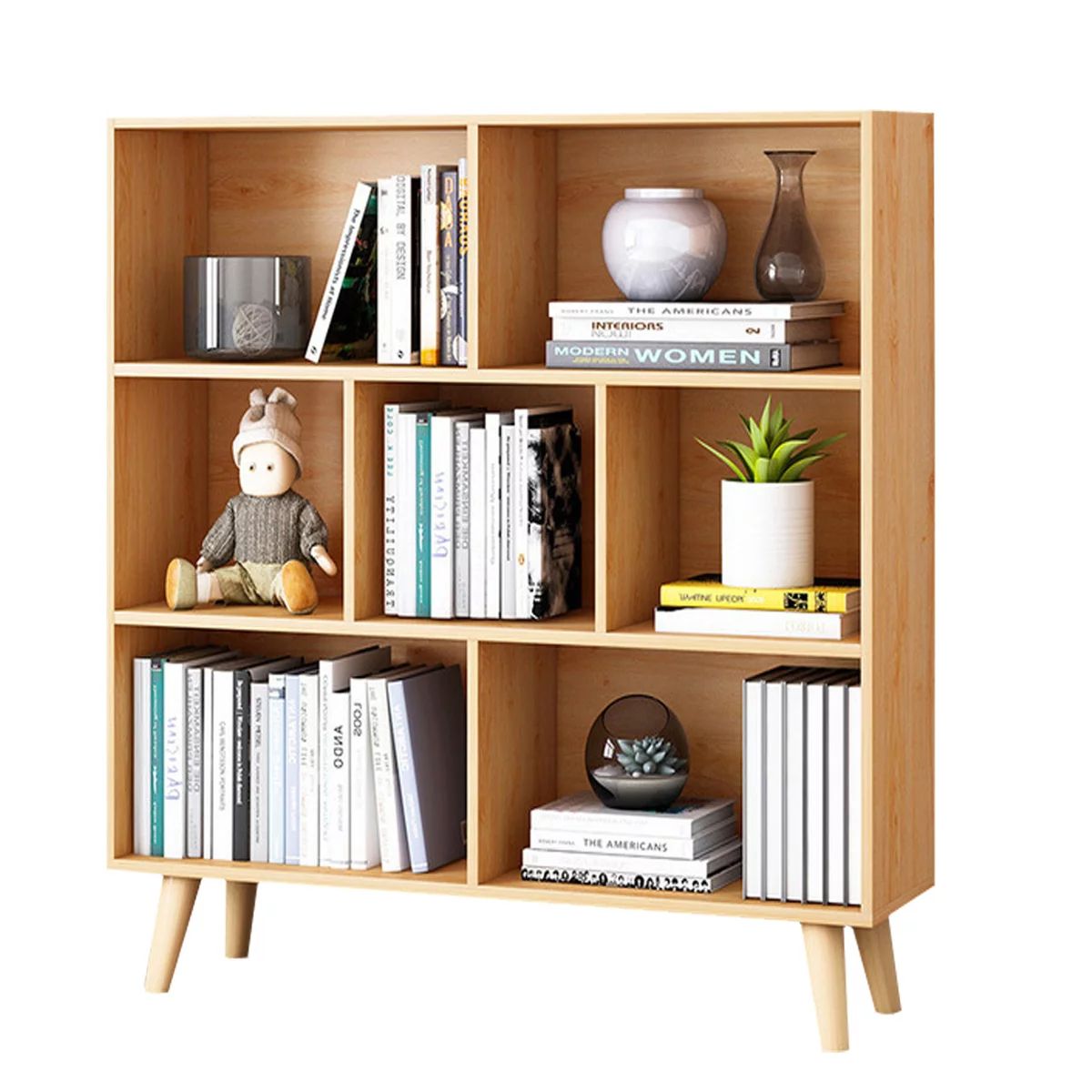 LXingStore 36" H 7 Cube Storage Organizer Bookcase with Wooden Legs in Rustic Wood Grain Finish -... | Walmart (US)