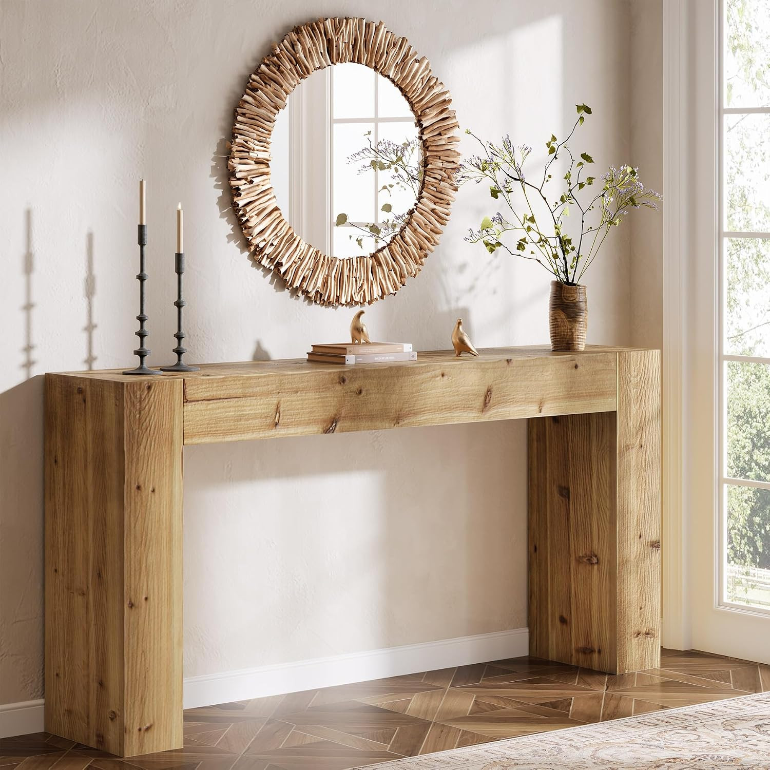 Solid Wood Console Table, 63-Inch Farmhouse Sofa Table Behind Couch for Entryway, Living Room, Foyer, Easy Assembly (Light Wood) | Amazon (US)